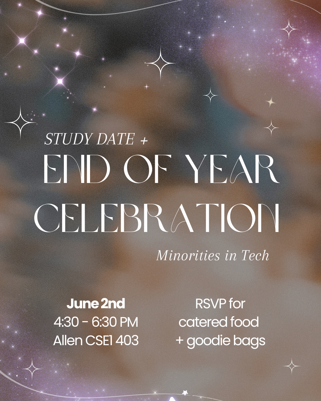 Study Date
End of Year Celebration - Minorities in Tech
June 2nd, 4:30-6:30 PM, Allen CSE1 403
RSVP for catered food and goodie bags.